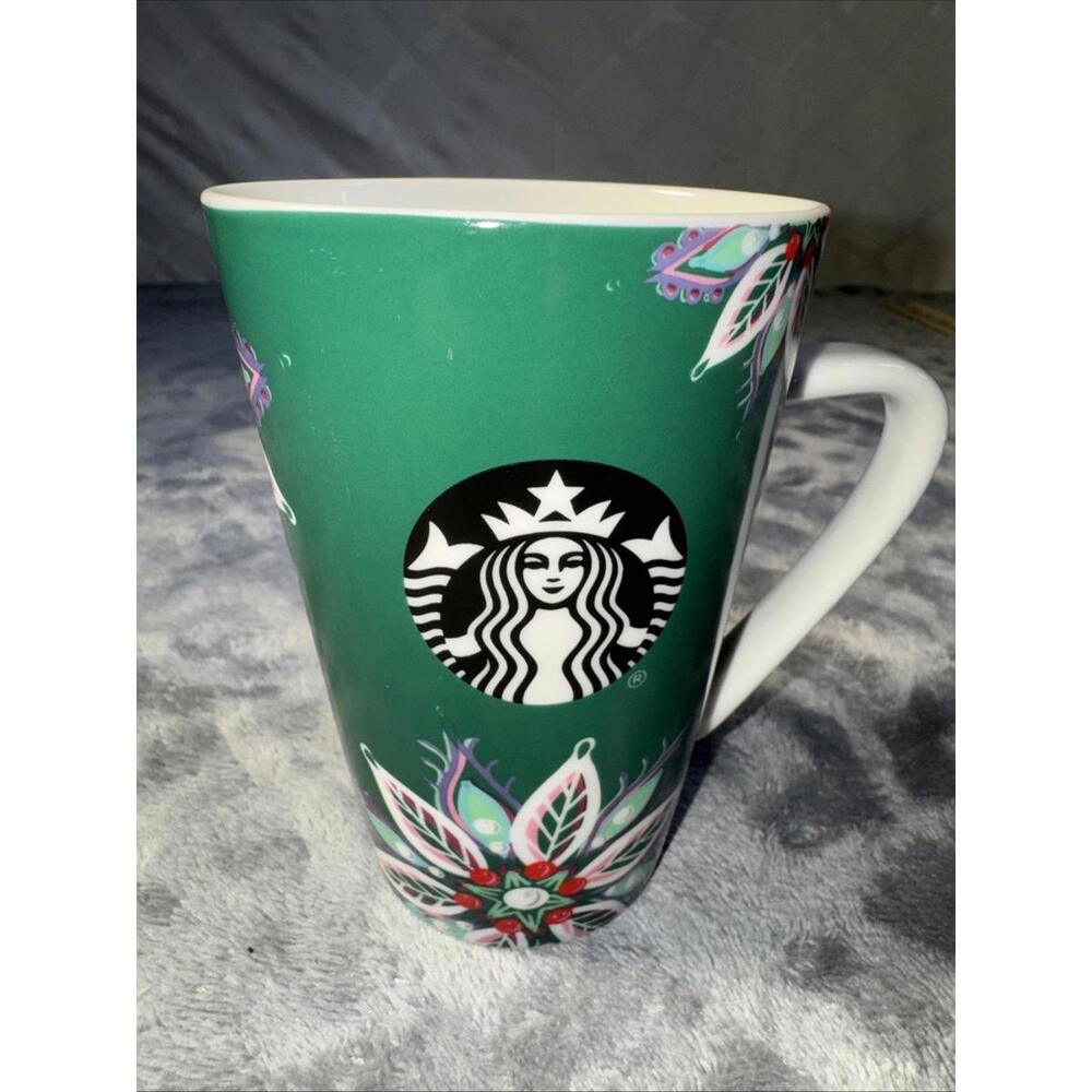 Starbucks 2020 Holiday Christmas Ceramic Coffee Mug Tall 12oz Green Poinsettias